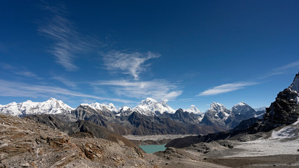 Panorama view from Renjo La high mountain pass. View towards Mount Everest and Gokyo Lake seen from the top of Renjo La pass along Everest three passes trek in Khumbu region of Nepal.