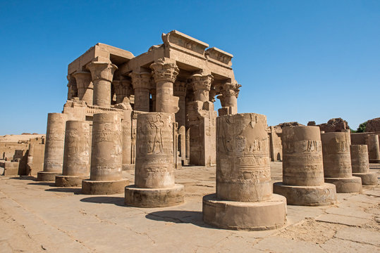 Columns And Wall At Entrance To An Ancient Egyptian Temple