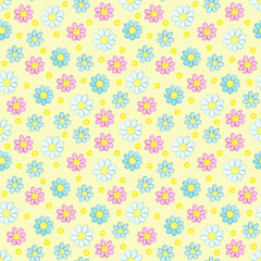 Seamless pattern with watercolor hand drawn pink, blue flowers and yellow points on light yellow background. Background can be easily change for another color