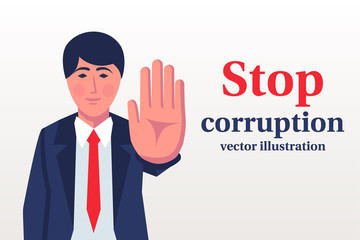 Man hand shows the stop. Hand gesture. Vector illustration flat design. Isolated on white background. Corruption icon. Bribery icon.