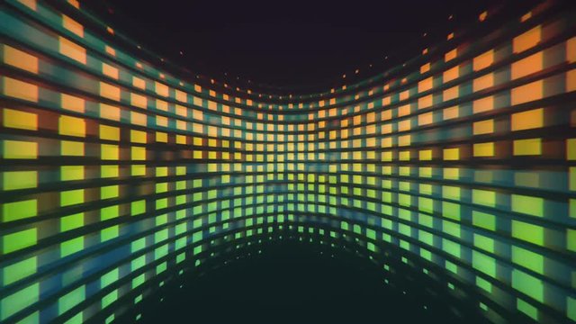 Colorful blocks of data flowing on a curved screen background