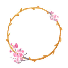 Minimalist golden wreath with blooming pink cherry tree branches painted in watercolor on clean white background