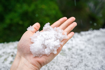 Fototapeta na wymiar Holding freezing granulated hail ice crystals, grains in hands after strong hailstorm in autumn, fall. First snow in early winter. Cold weather. 