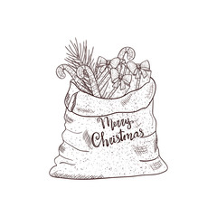 Sack, gifts, candy, pine branch. Christmas, New Year. Sketch. Postcard, background. Monophonic.