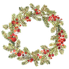 Watercolor wreath of spruce and red holly berries for Christmas decoration