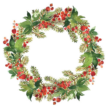 Christmas Watercolor wreath of spruce and red holly berries