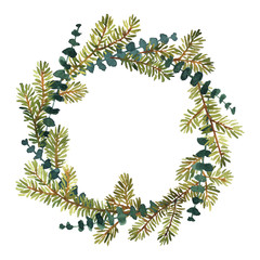 Watercolor wreath of spruce and eucaliptus for Christmas decoration