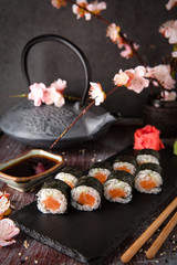 Obraz na płótnie Canvas Maki rolls with salmon and cheese. Sushi menu. Japanese food. 