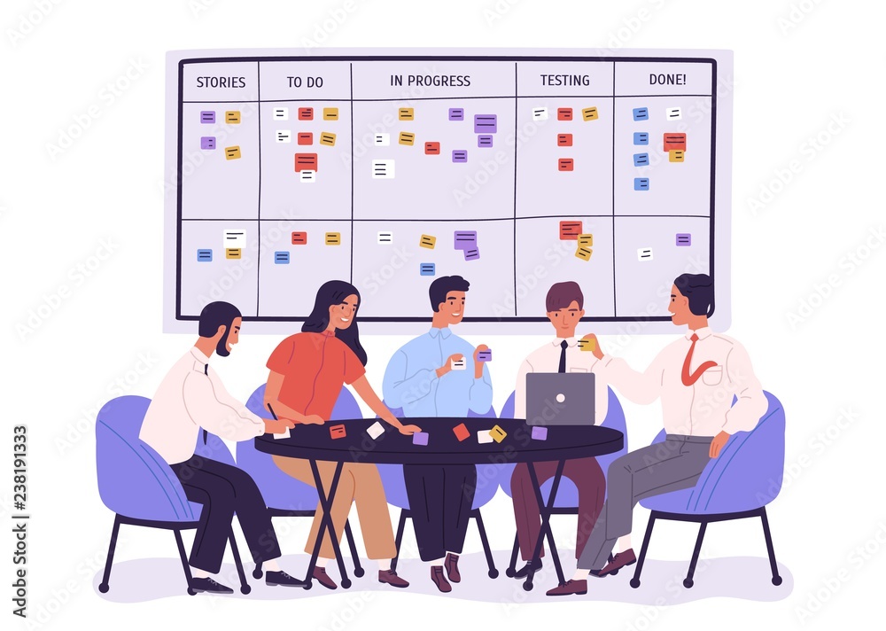 Poster Group of people or office workers sitting around table and discussing work issues against SCRUM task board with sticky notes. Team working under project. Vector illustration in flat cartoon style.