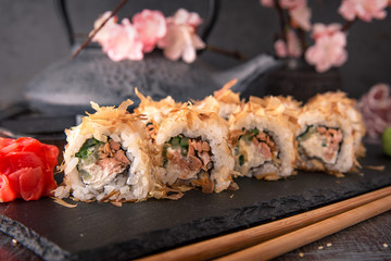 Salmon Sushi Roll In Tuna Flakes Sushi menu. Japanese food. 