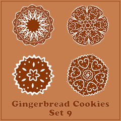 Vector Gingerbread Snowflakes Cookies Set. Merry Christmas Decor Elements.