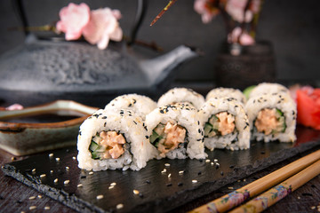 Sai Roll SushiWith cocktail shrimp, cucumber, sauce. Sushi menu. Japanese food. 