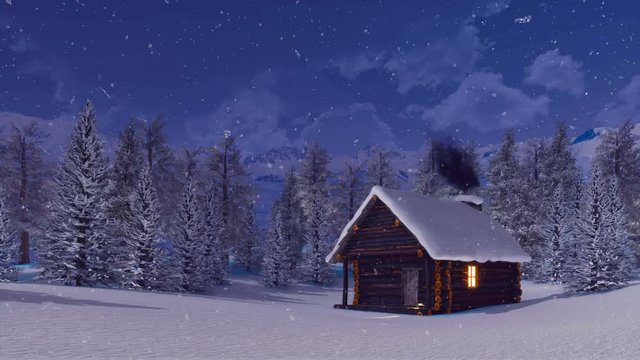Cozy snow covered log cabin with smoking chimney and lighted window among fir forest high in snowy mountains at peaceful winter night during snowfall. With no people 3D animation rendered in 4K