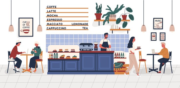 Coffeehouse, coffee shop or cafe with people sitting at tables, drinking coffee and working on laptops and barista standing at counter. Colorful vector illustration in trendy flat cartoon style.