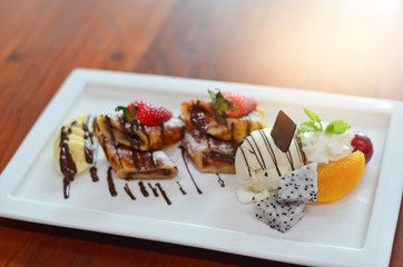 chocolate lava crape with vanilla ice cream and fruits