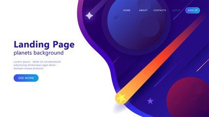 Landing page template for websites, or apps with open space, dynamic shapes, falling star and planets. Flat style. Vector illustration © Pro_Vector