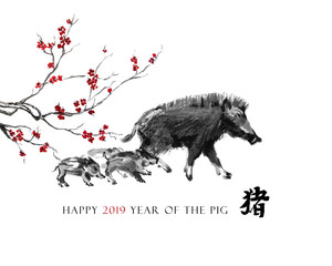 Pig sumi-e greeting card oriental new year. A boar mother with piglets and a branch of cherry blossom, Eastern ink wash painting. With Chinese hieroglyph "pig" and text.      