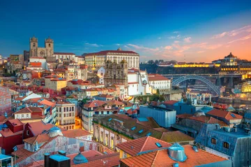 Fotobehang Porto, Portugal. Aerial cityscape image of Porto, Portugal with the Porto Cathedral and old town during sunset. © rudi1976