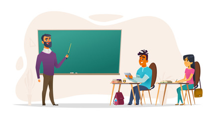 Students or applicants in the classroom. The teacher leads a lecture. The concept of the educational process.