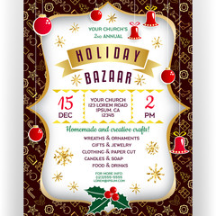 Poster for winter holiday bazaar. Christmas decorative items, golden banner and snowflakes.