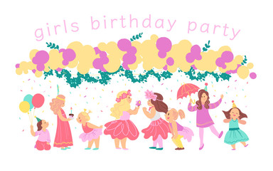 Vector illustration of girls birthday party happy characters celebrating with bd garland, decor elements isolated on white background. Flat cartoon style. Good for invitation, tags, posters etc.