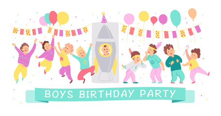 Vector illustration of boys birthday party happy characters celebrating with bd garland, balloons, rocket isolated on white background. Flat cartoon style. Good for invitation, tags, posters etc.