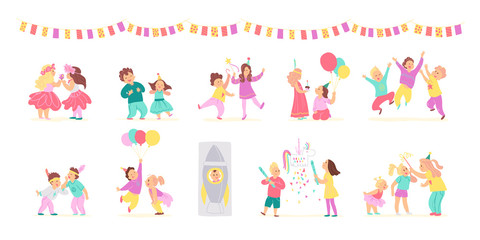 Fototapeta premium Vector collection of birthday party happy kids with balloons, pinata playing and celebrating isolated on white background. Flat hand drawn cartoon style. Good for card, pattern, tag, invitation etc.