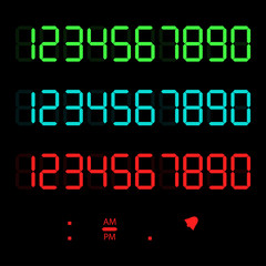 A set of glowing digital numbers. Digital numbers for lcd electronic screen. Digital numbers in the form of electronic numbers for hours, thermometers, calculators. Modern, simple vector illustration.
