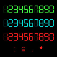 Fototapeta premium A set of glowing digital numbers. Digital numbers for lcd electronic screen. Digital numbers in the form of electronic numbers for hours, thermometers, calculators. Modern, simple vector illustration.