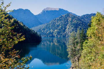landscape, view of lake Ritsa and mountains.