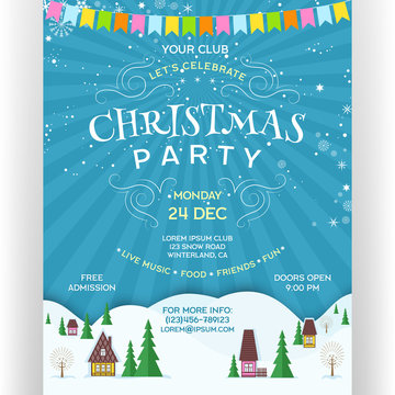 Poster for Christmas party. Vector invitation flyer with ski resort.