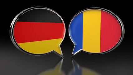 Germany and Romania flags with Speech Bubbles. 3D illustration