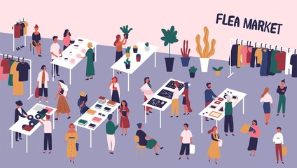 Flea or fashion market, rag fair with people walking among counters and buying vinyl records, old books, vintage clothes, jewelry, ceramics. Colorful vector illustration in flat cartoon style.