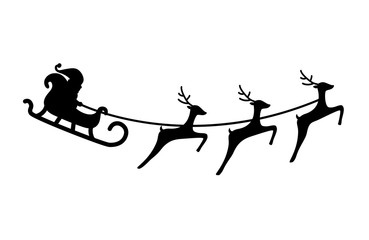 Vector illustration with Santa Claus on the sleigh with three reindeers. Black silhouette. Flat cartoon style