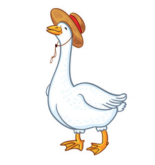 White goose with a hat isolated on white background, male goose. Cartoon funny goose, poultry, farm animal vector