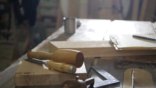 Joiner's table with tools