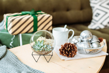 Decorative houseplants in winter. Florarium with fresh flowers on the table in a bright living room, decorated for Christmas.