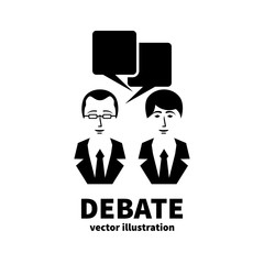 Discussion icon. Sign debate. Silhouettes of two people talking with bubble. Political meeting of opponents. Business conversational battle. Vector illustration flat design. Public dialog voters.