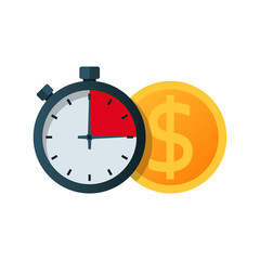 Fast money. Granting a loan in a short time. Big coin and stopwatch. Quick simple credit. Business and finance services. Timely payment, financial solution. Vector illustration flat design.