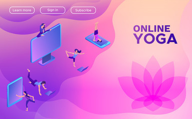 Yoga isometric concept or website template, 3d women doing physical exercises and watching online classes via smartphone or laptop, mobile app background, illustration of meditating in different pose