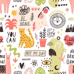Materiał do szycia Seamless pattern with handwritten slogans and animals, plants, symbols hand drawn in trendy doodle style. Creative colorful vector illustration for textile print, wrapping paper, backdrop, wallpaper.