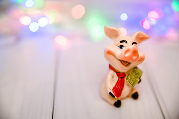 Symbol 2019-pig stands on a white wooden background 