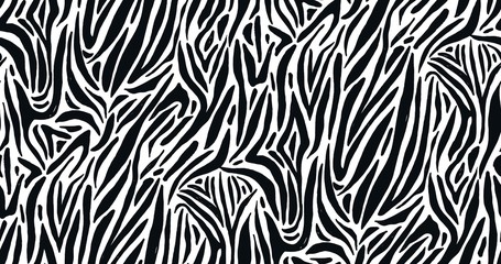 Seamless pattern with zebra or white tiger coat or fur texture. Animal backdrop with stripes or streaks. Monochrome vector illustration in flat style for wrapping paper, fabric print, wallpaper.