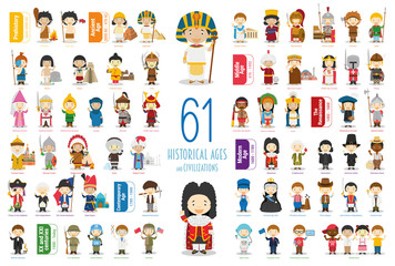 Kids Vector Characters Collection: Set of 61 Historical Ages and Civilizations in cartoon style.