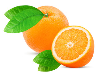 Orange fruit and one cut in half, with leaf