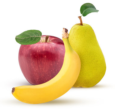 Red apple, yellow pear and banana with leaf