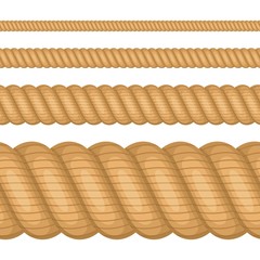 Set of different thickness ropes isolated on white background. Nautical twisted Rope, Brown twine in flat cartoon style. Vector illustration