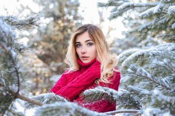 Outdoor waist up portrait. Young beautiful happy smiling girl walking on pine forest . Model with blue eyes,wearing stylish sweater. Magic snowfall. Space for text