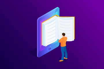 Isometric concept of e-book, paper book in device.