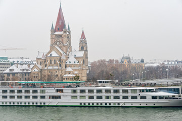 church of Franz Assisi and river Danube, Vienna Austria